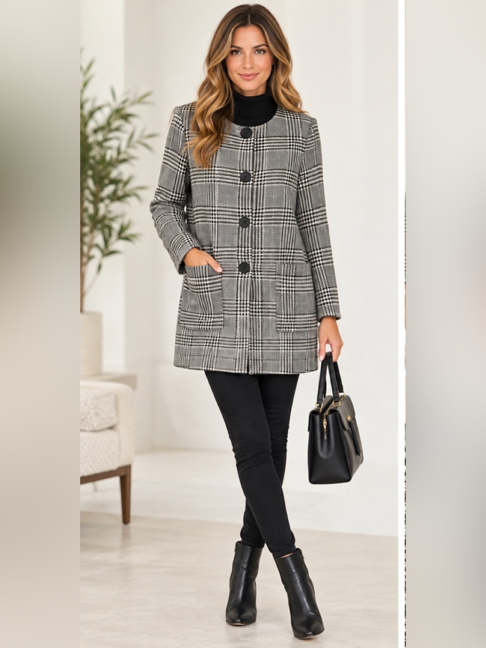 Zara Black & White Plaid Long Coat - Classic Women's Jacket Fall